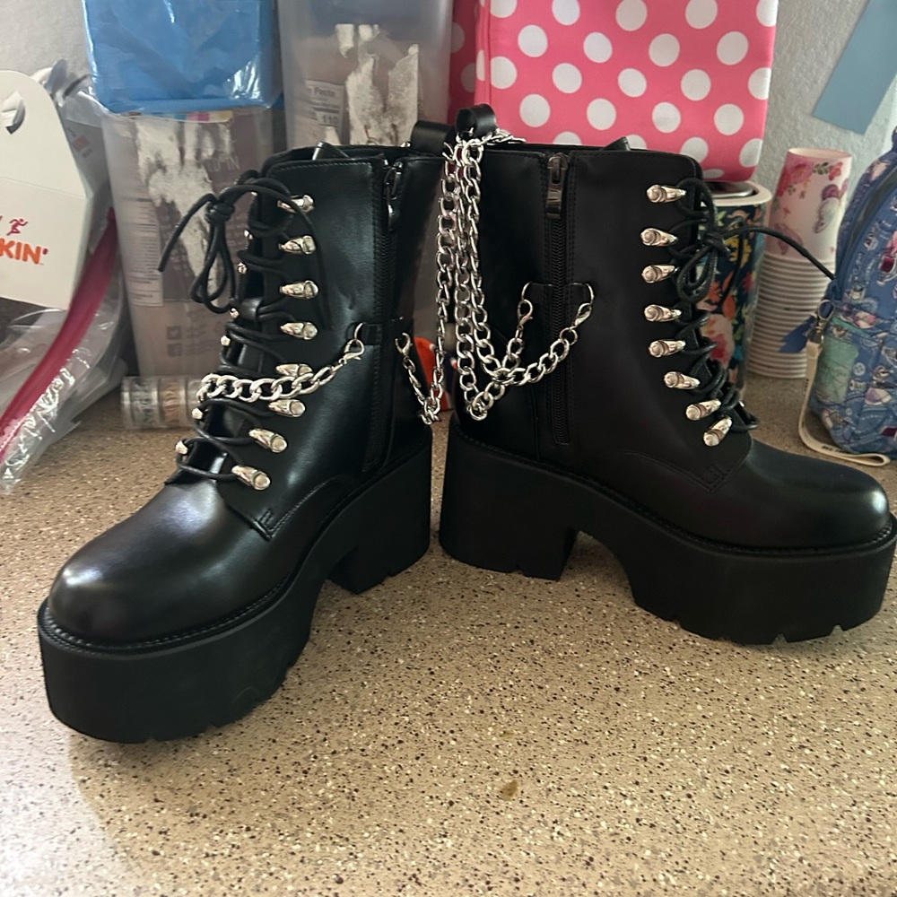 GooMa Boots Womens Black Lace Up Goth Platform , Chunky Block Ankle Combat Boots